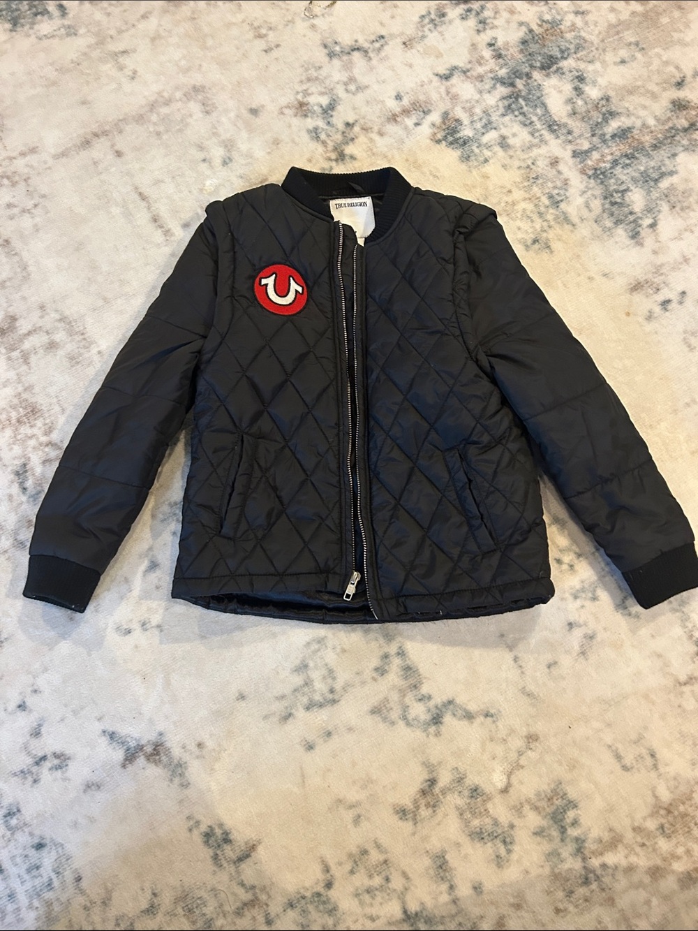 True Religion Black Quilted Kids Bomber Jacket with Red Patch